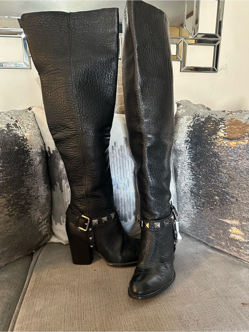 Capodarte Black  Studded Over-the-Knee Leather Boots with Block Heel and Zip